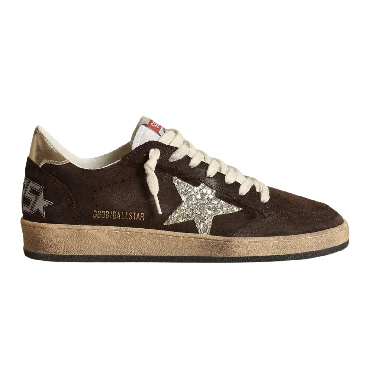 Gg Sneaker Ball Star In Suede Brown With Stella In Glitter Platino And Linguetta In Nylon White