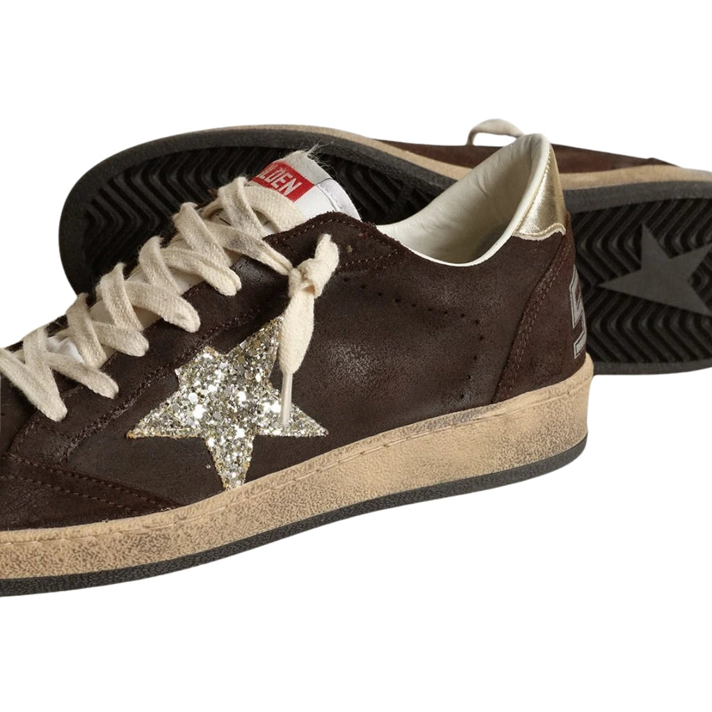 Gg Sneaker Ball Star In Suede Brown With Stella In Glitter Platino And Linguetta In Nylon White