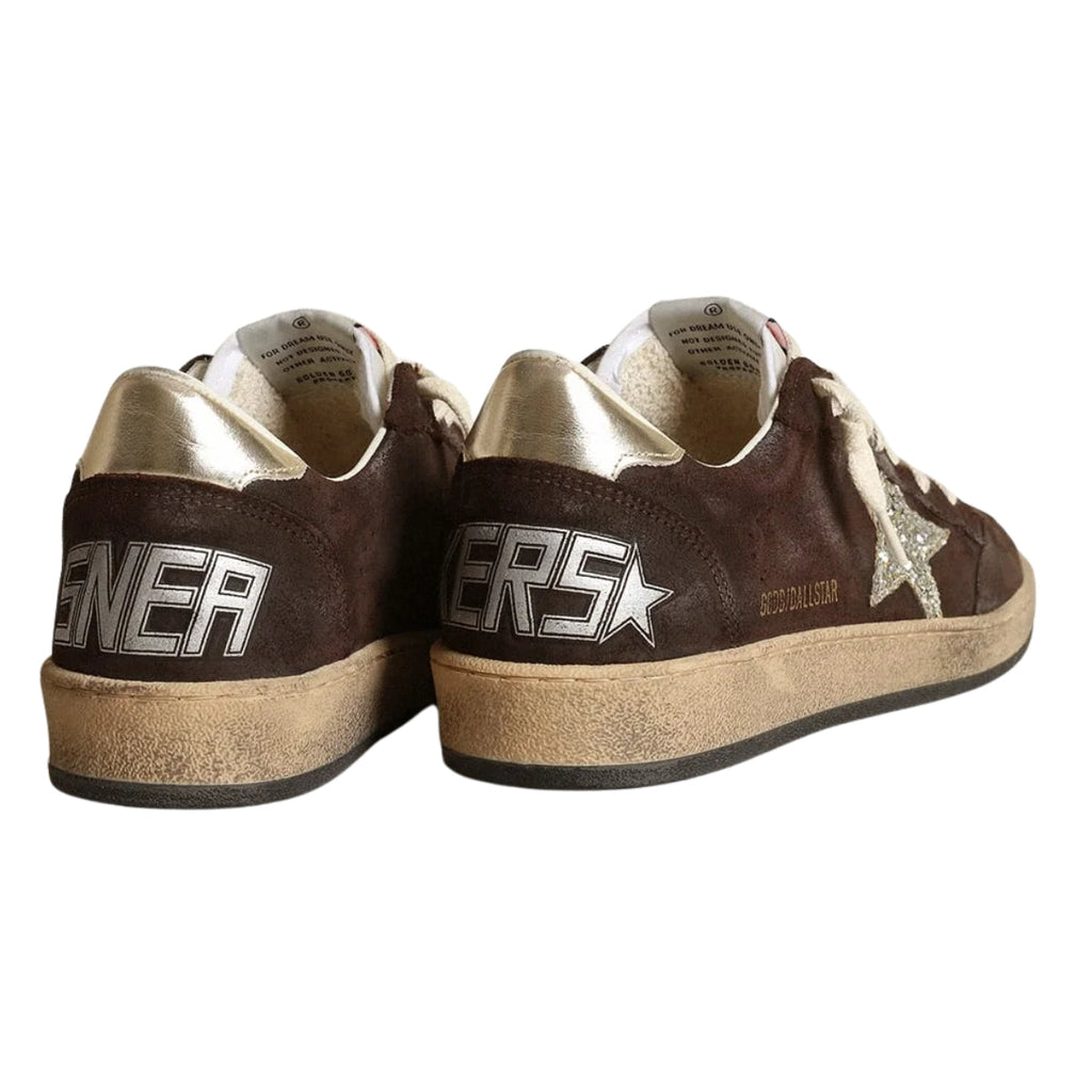 Gg Sneaker Ball Star In Suede Brown With Stella In Glitter Platino And Linguetta In Nylon White