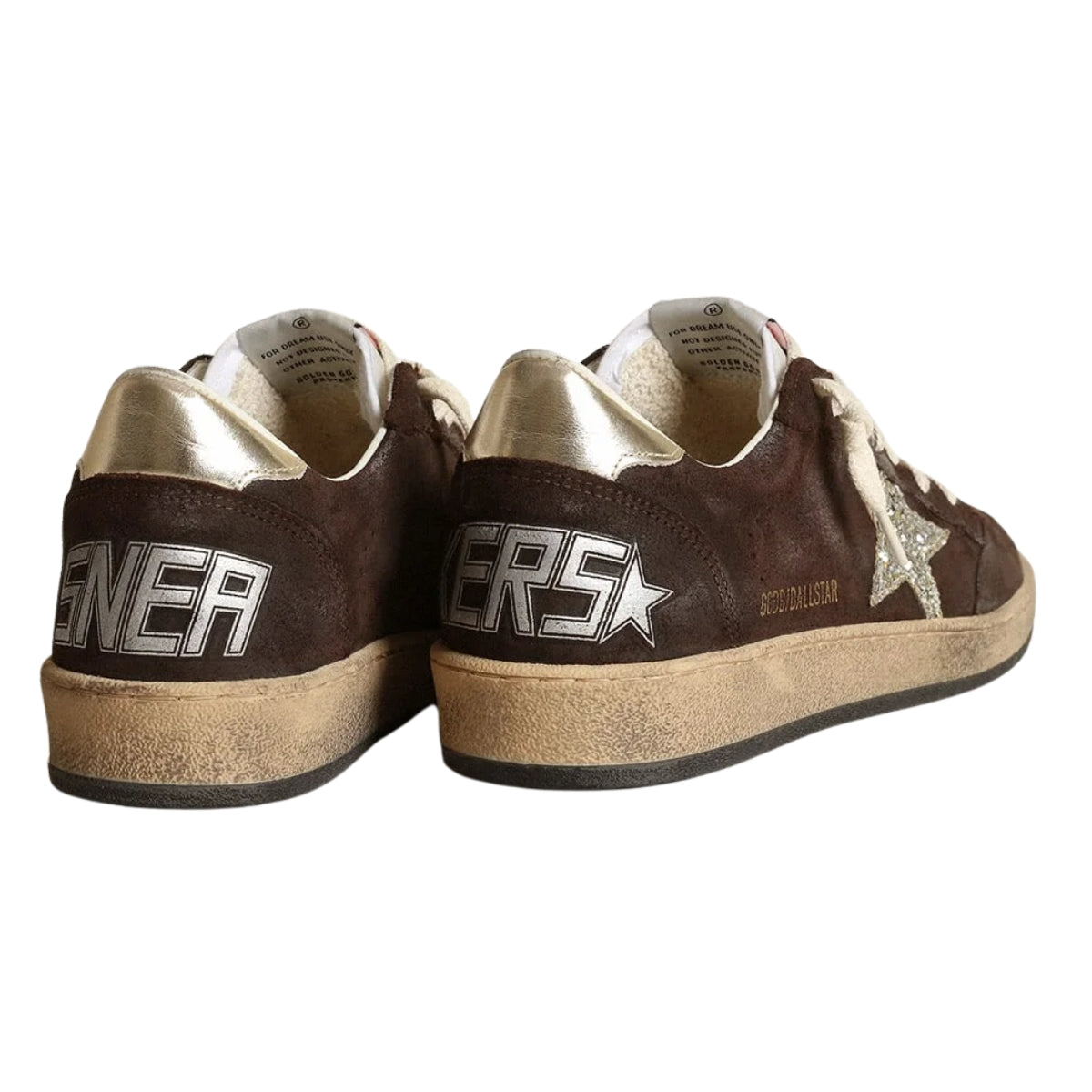 Gg Sneaker Ball Star In Suede Brown With Stella In Glitter Platino And Linguetta In Nylon White