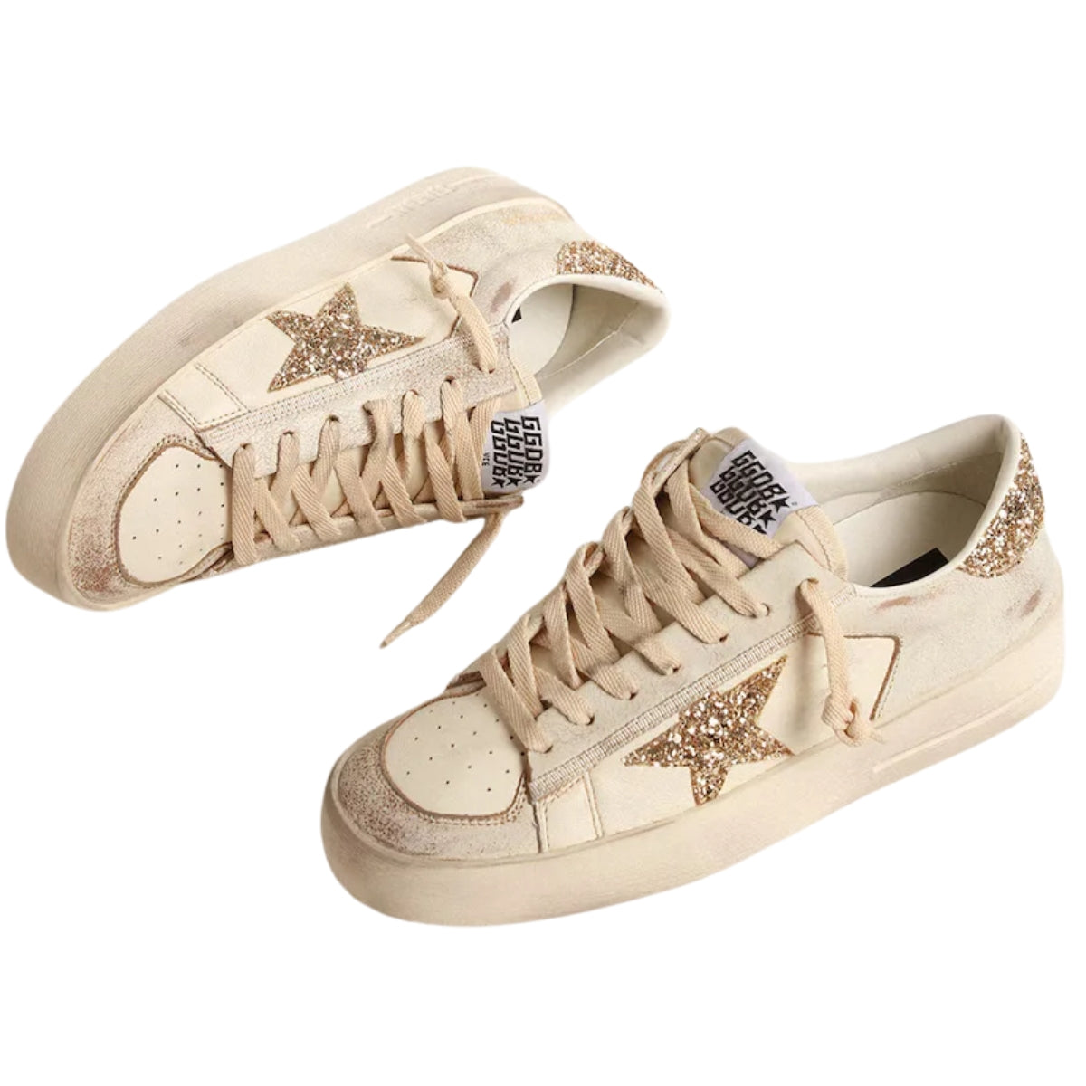 Gg Stardan In Ecru Nappa Leather With Gold Glitter Star And Heel Tab