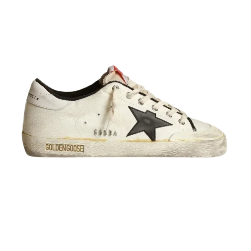 Ggs Sneakers In Beige Canvas With Black Leather Star And White Leather Heel Tab