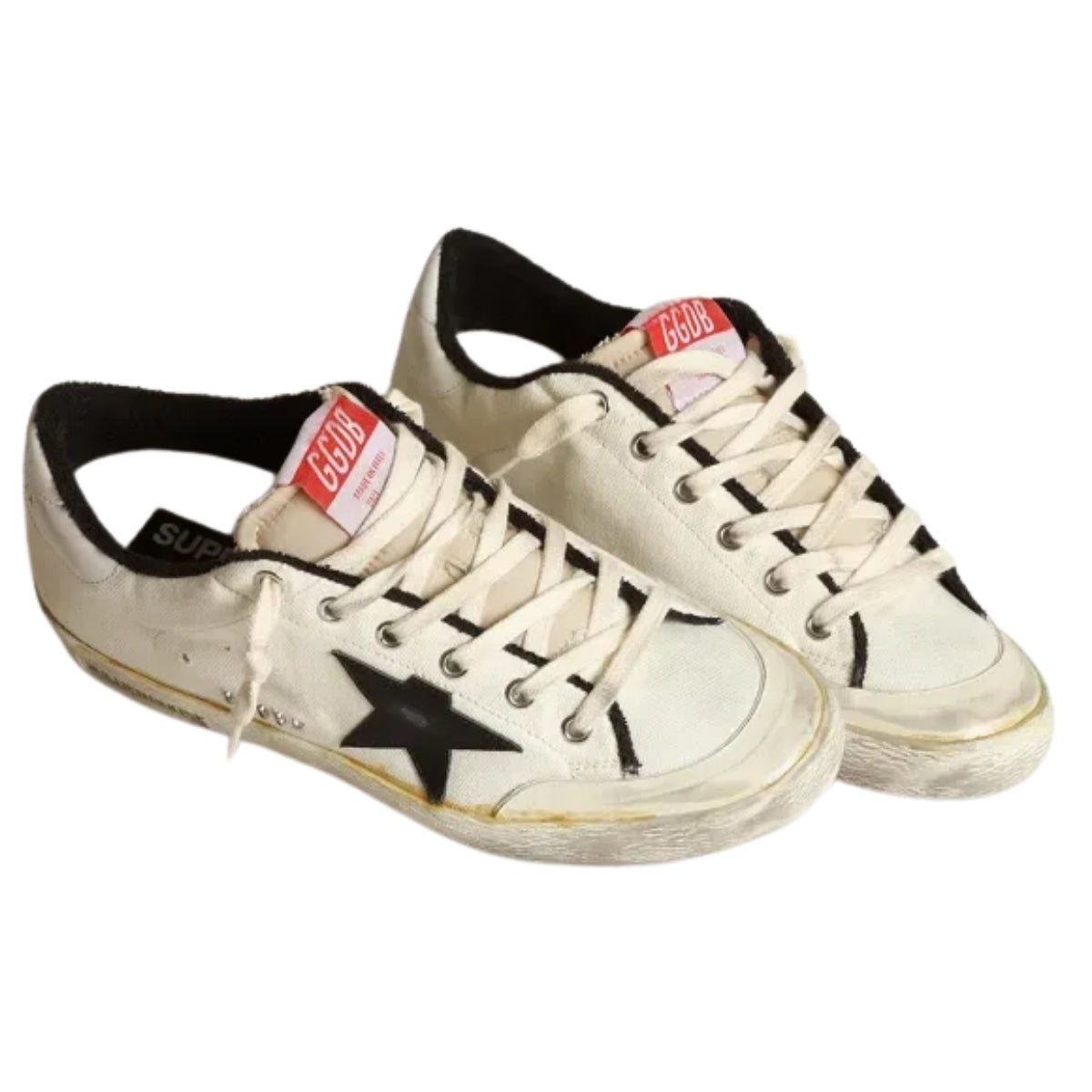Ggs Sneakers In Beige Canvas With Black Leather Star And White Leather Heel Tab
