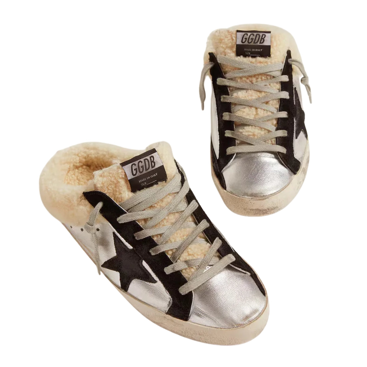 Ggs Sabot In Silver Laminated Leather With Black Star