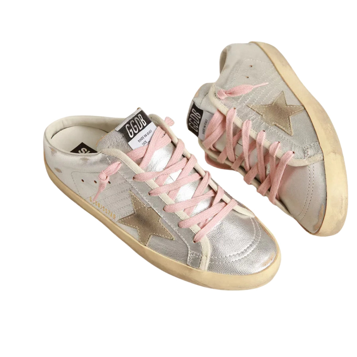 Ggs Sabots In Silver Metallic Leather With Suede Star