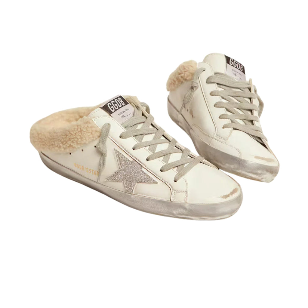 Ggs Sabots In White Leather With Shearling Lining