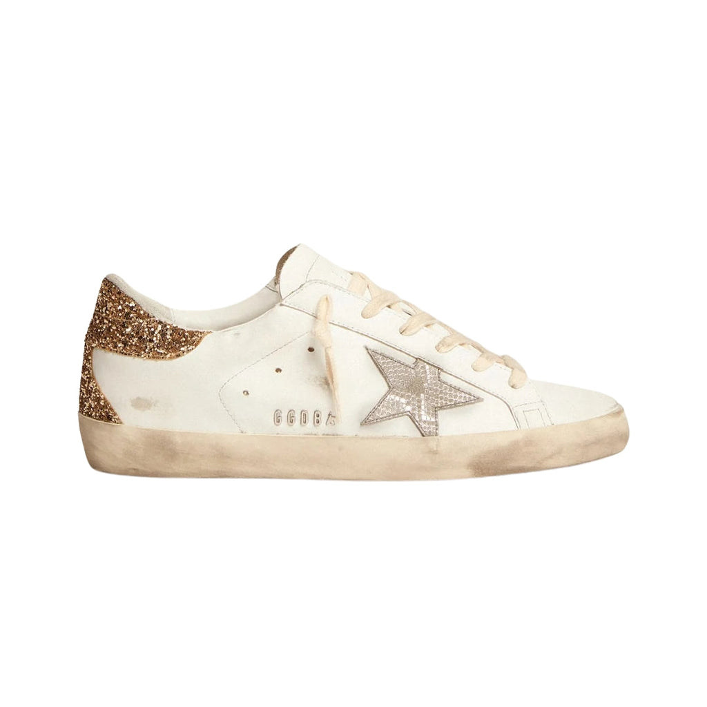 Ggs Sneakers With Snake Print Silver Leather Star And Gold Glitter Heel Tab