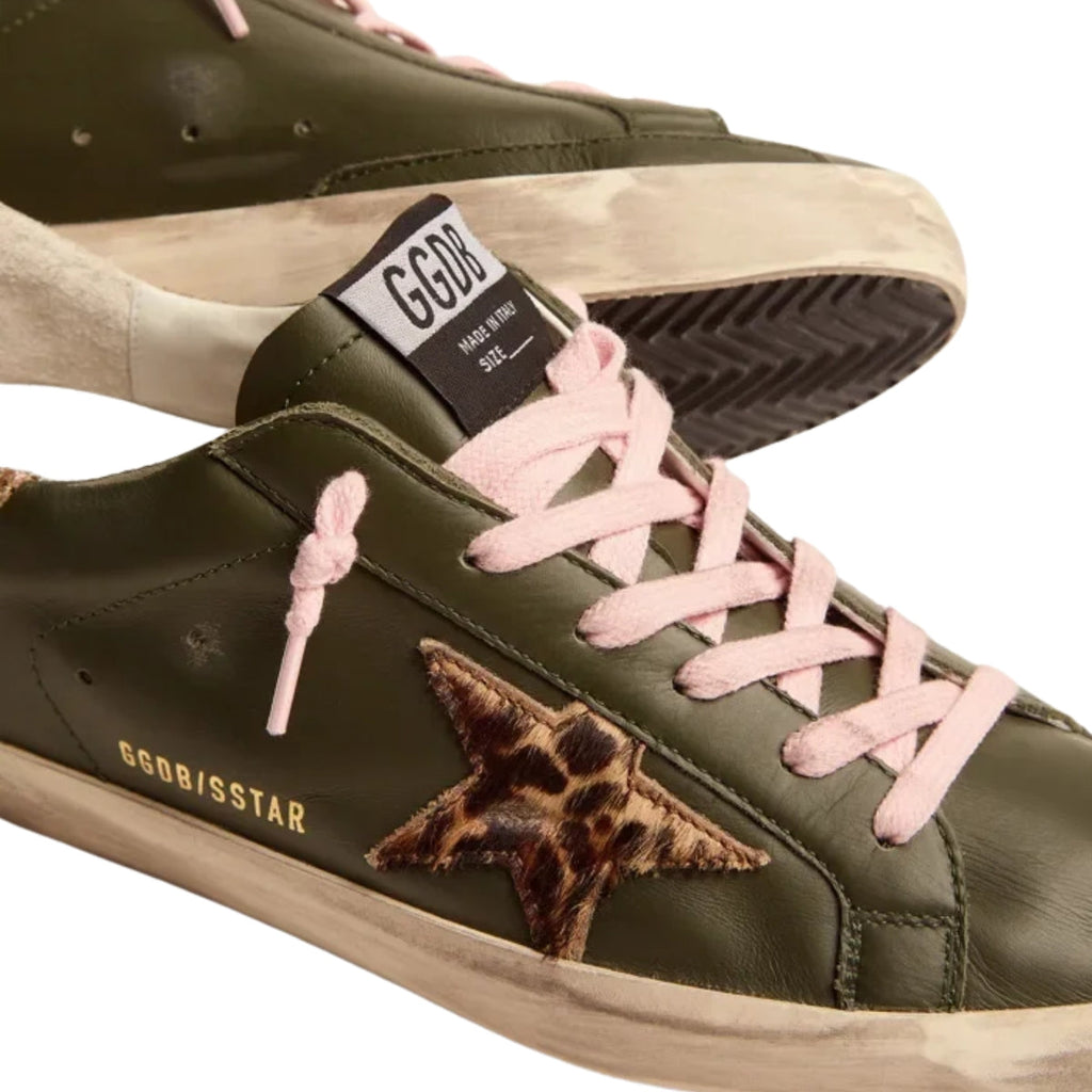 Ggs Sneakers In Dark Green Leather With Gold Glitter Heel Tab