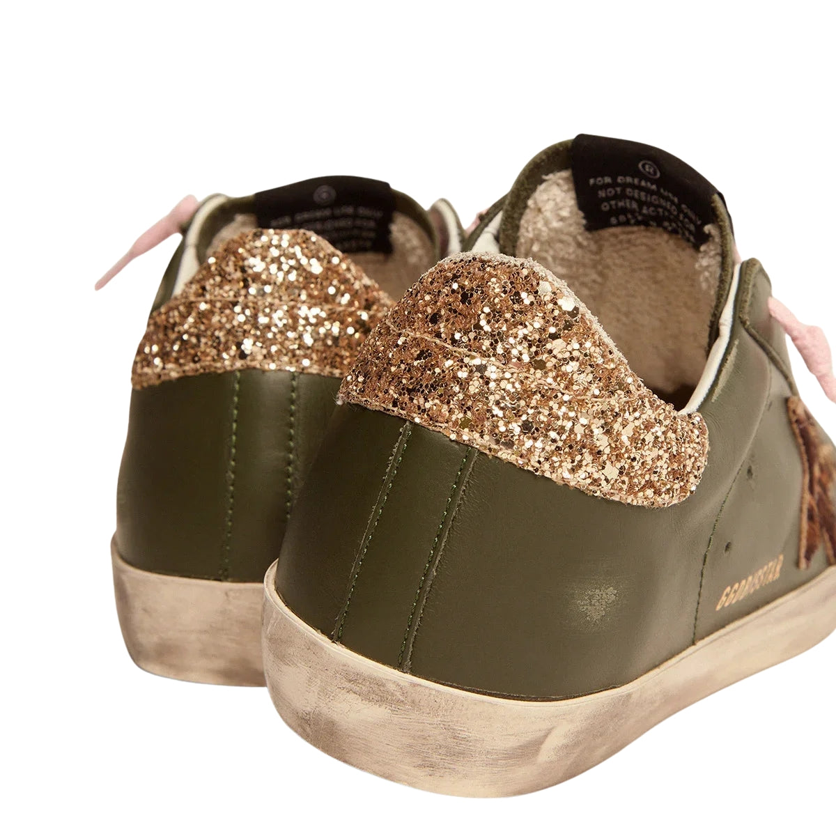 Ggs Sneakers In Dark Green Leather With Gold Glitter Heel Tab