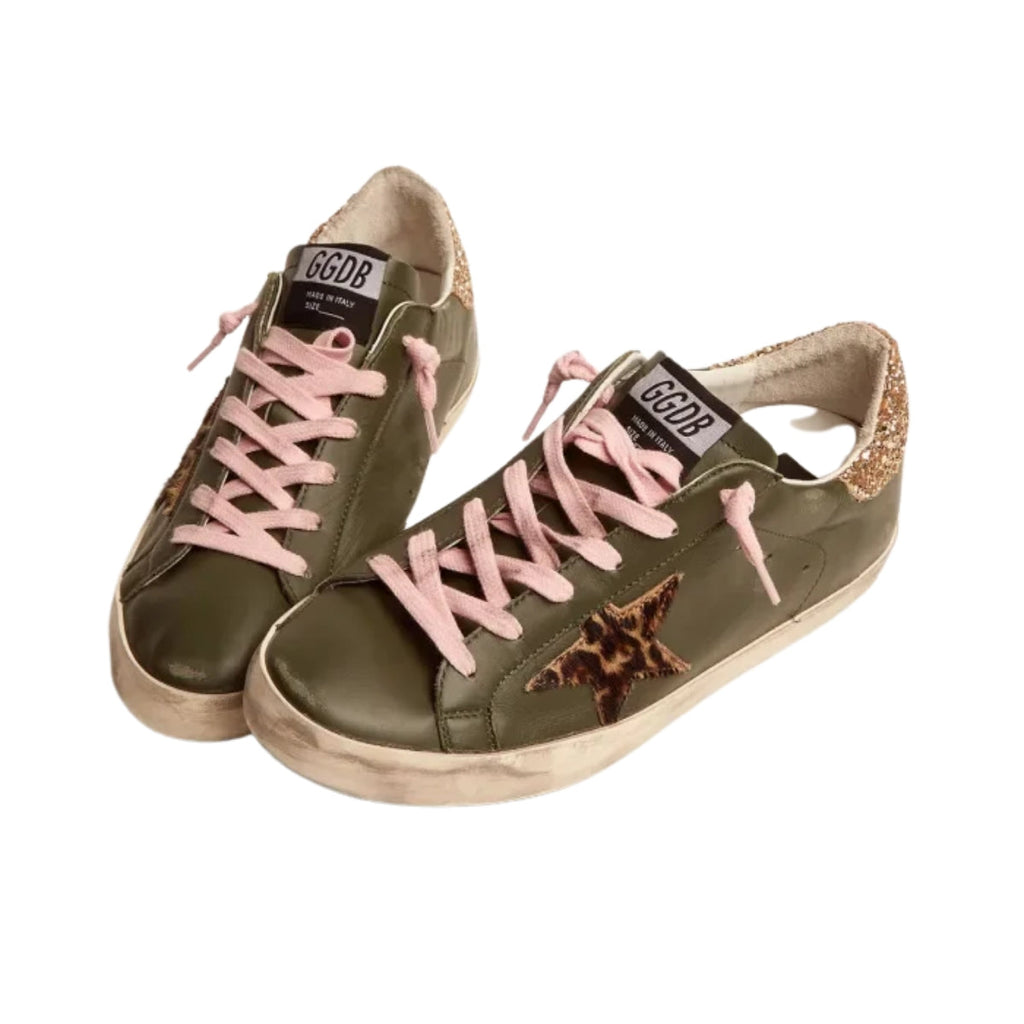 Ggs Sneakers In Dark Green Leather With Gold Glitter Heel Tab