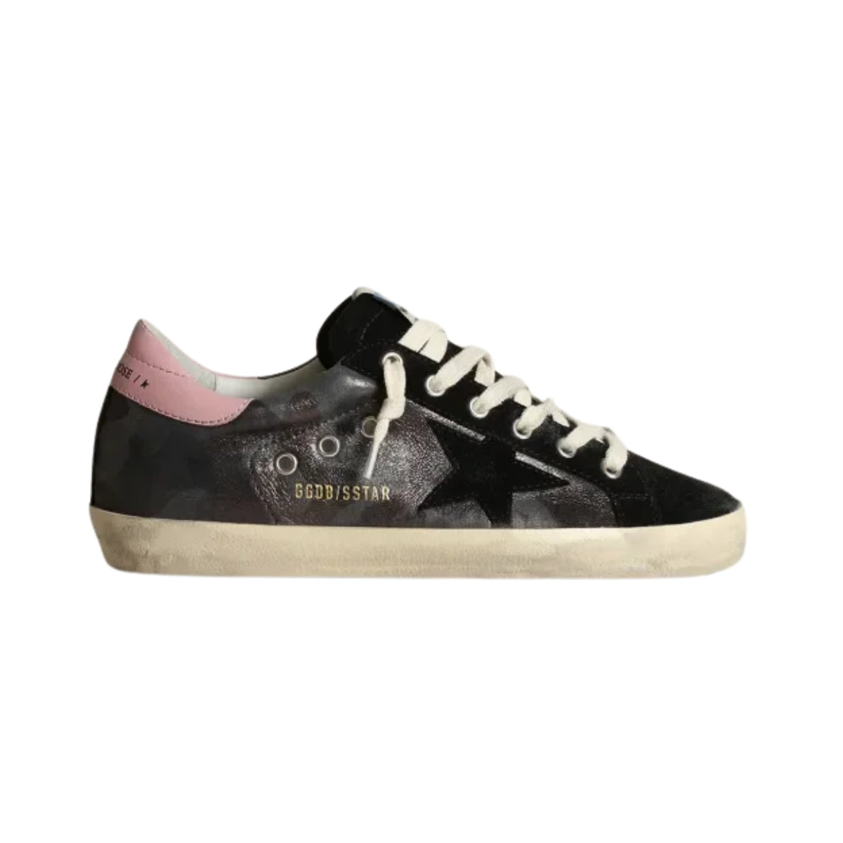 Ggs Sneakers In Metallic Camouflage Nappa Leather With Black Suede Star And Pink Leather