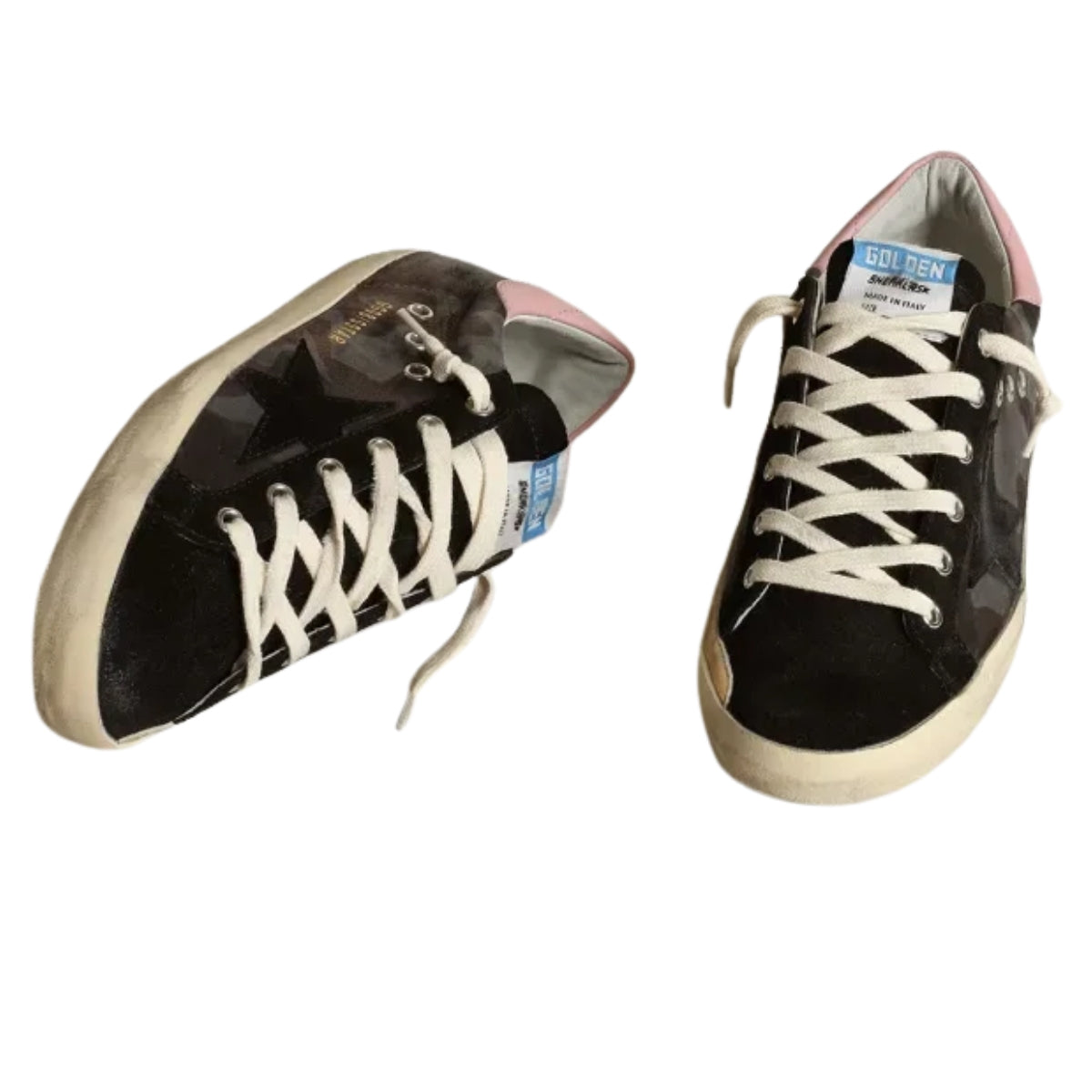 Ggs Sneakers In Metallic Camouflage Nappa Leather With Black Suede Star And Pink Leather