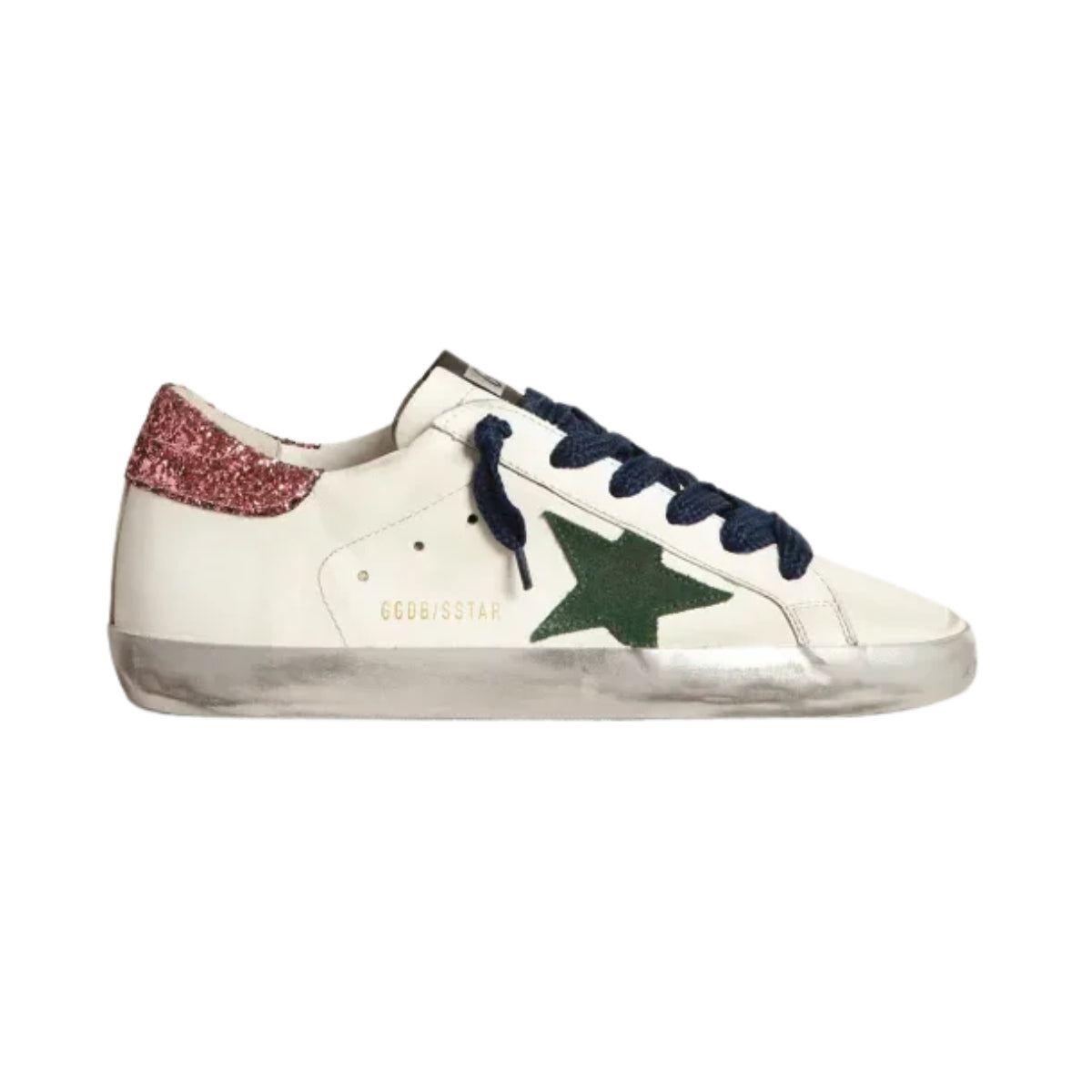 Ggs Sneakers With Green Suede Star And Pink Glitter Heel Tab