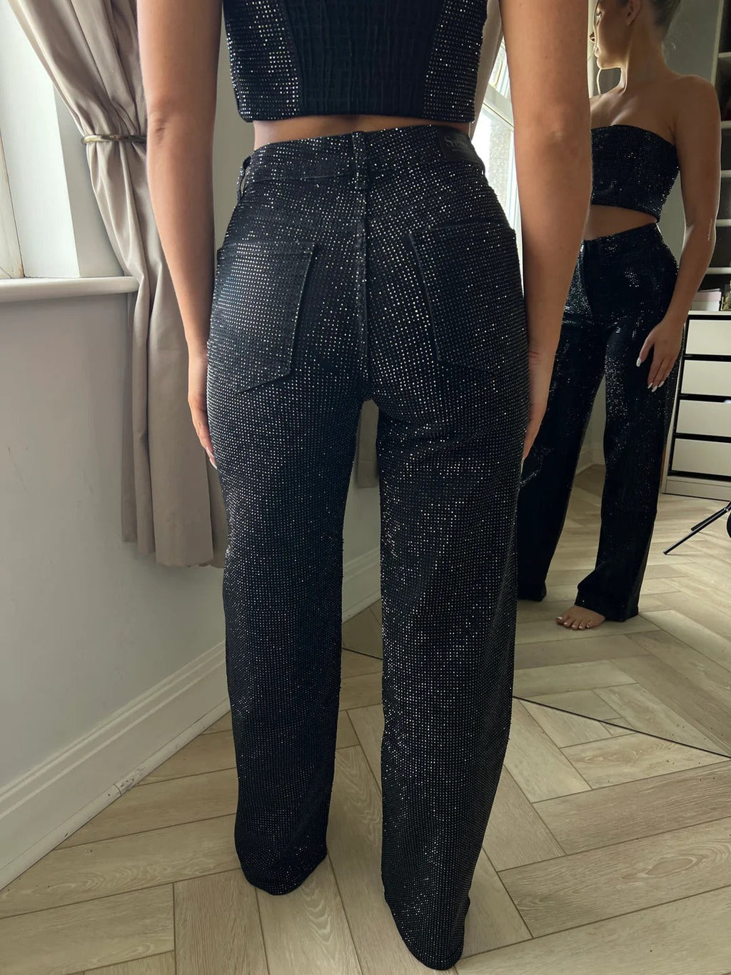 LUXORA | High-Waisted Diamanté Precision Straight-Leg Jeans